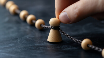 Detailed depiction of a hand holding a small wooden piece tethered with a string, expressing themes of captivity, influence, limitation, and human intervention.