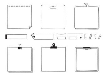 手描きのメモやノートのフレームセット　付箋・バインダー・紙　D01　文字なし