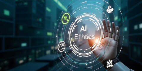 A futuristic interface displaying the text Ai ethics, Created using Generative Ai
