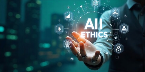 A futuristic interface displaying the text Ai ethics, Created using Generative Ai