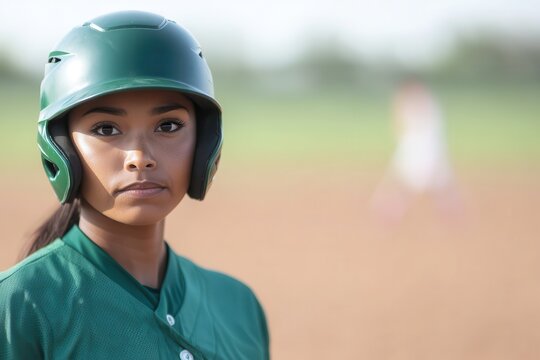 Softball fitness blends dynamic sports drills with strength-focused workouts. Young female athlete in a green helmet, focused on the baseball field. - Powered by Adobe