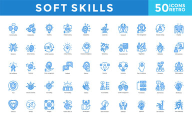 Soft skills icon set with communication, collaboration, creativity, problem solving, adaptability, leadership, teamwork, time management, decision making, empathy icon. Simple retro vector 
