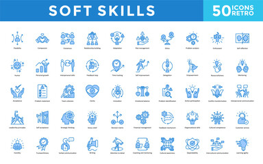 Soft skills icon set with flexibility, compassion, consensus, relationship building, adaptation, risk management, ethics, problem, analysis, enthusiasm icon. Simple retro vector 

