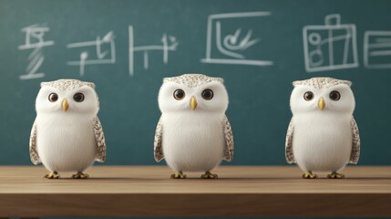3D animated owls conducting a science fair with creative woodland inventions showcasing innovation education and learning concepts in a classroom or academic setting
