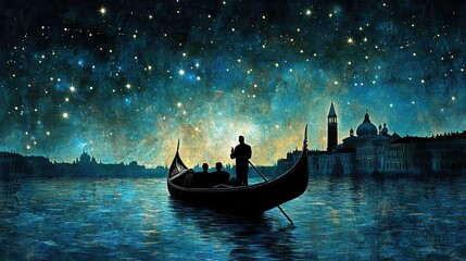 Obraz premium Gondola ride, starry Venice night, romantic travel poster