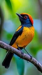 Fototapeta premium Brightly colored bird on tree branch perch.