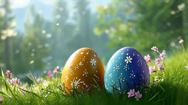 video 3d animation. Easter eggs in blue and yellow colors rest in fresh spring grass alongside blooming flowers against blurred nature background. Easter eggs hunt. cute Easter greeting card.