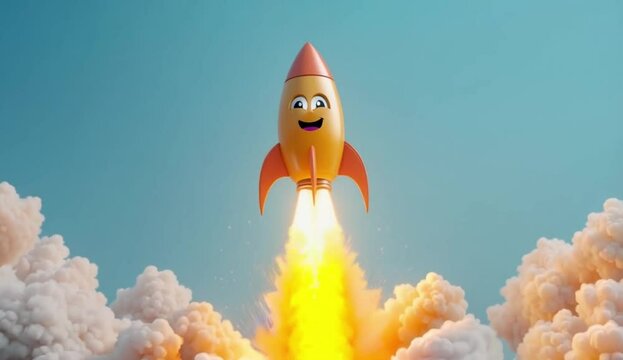 3d rocket emoji animation taking off upward (going up) launched with flames and smoke against light blue background