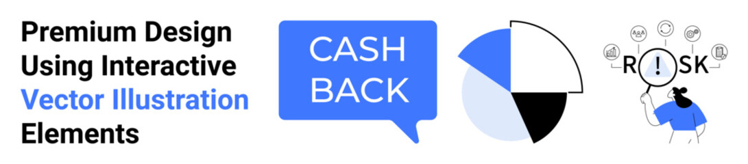 Cashback text in speech bubble, pie chart, person analyzing risk icons. Ideal for finance, marketing, business analysis, decision-making, insurance, ecommerce flat landing page banner