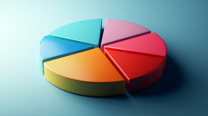 Colorful D pie chart with segments tilted slightly, showing depth and perspective, business theme