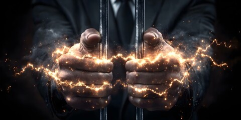 A pair of hands gripping metal bars, emitting electric sparks, suggesting a theme of power or confinement. Concept Power Dynamics, Confinement Imagery, Electric Sparks Effects, Metal Bar Symbolism