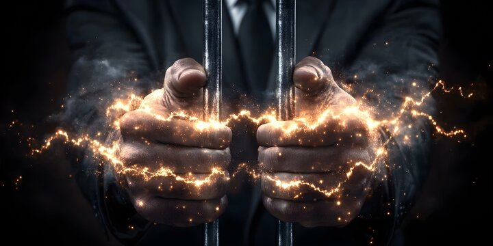 A pair of hands gripping metal bars, emitting electric sparks, suggesting a theme of power or confinement. Concept Power Dynamics, Confinement Imagery, Electric Sparks Effects, Metal Bar Symbolism