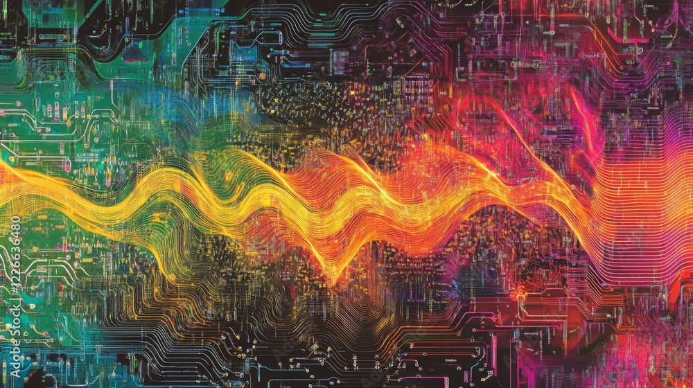 Poster colorful electric waves spreading across a circuit board, illustrating the power and complexity of e