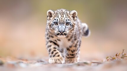 Fototapeta premium Fluffy snow leopard cub walks directly towards the camera on a rocky path in natural daylight.