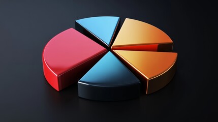 Fototapeta premium Detailed D pie chart with metallic textures, each segment separated slightly, dark background