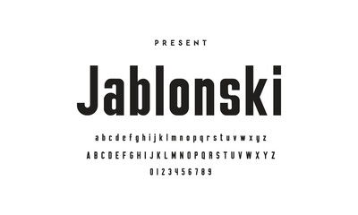 Modern serif alphabet design with uppercase, lowercase, numbers and symbol