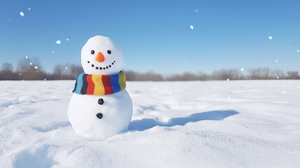 Obraz premium Cheerful snowman with a carrot nose standing in freshly fallen snow on a winter day