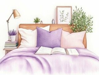 Cozy and Tranquil Watercolor Bedroom Scene with Plush Pillows Journal and Lush Greenery Accents Conveying a Sense of Rest Reflection and Comfort