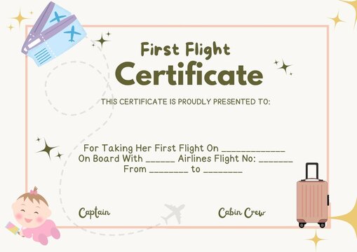 First Flight Certificate for Baby. Blank First Flight Certificate for Baby girl . 