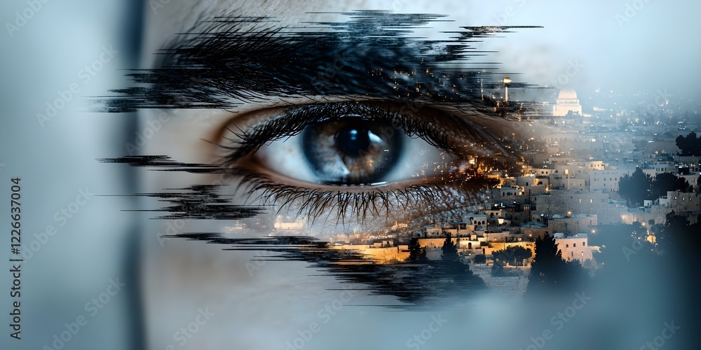 Poster an artistic representation blending a close-up of an eye with a cityscape, creating a surreal mergin