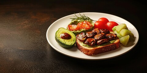 Plant based breakfast option concept. Savory steak with avocado, tomatoes, and fresh herbs on a plate