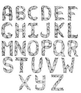 Creative English alphabet with letters designed in a braided leaf style. Hand-drawn artistic typography perfect for branding, design projects, posters, greeting cards, and decorative compositions