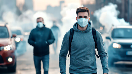 A man wearing a protective face mask walks through a smog-filled urban street, symbolizing air pollution, health awareness, and environmental challenges in city life.