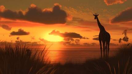 Giraffe silhouette at sunset with orange sky and ocean view in a vast landscape