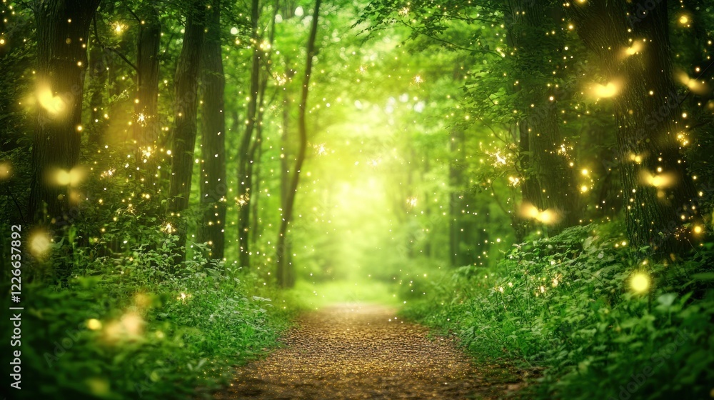 Poster magical forest path with glowing lights and lush greenery creating a serene scene