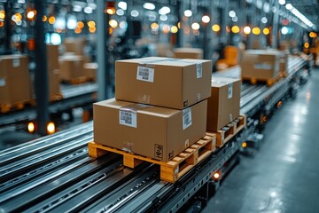 Packages move along a conveyor belt in a busy warehouse during peak operational hours
