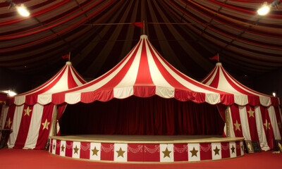 vibrant vintage circus tent with red and white stripes, featuring grand stage adorned with stars, creating nostalgic atmosphere of entertainment and excitement