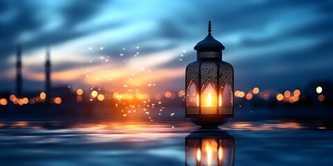 Fototapeta premium A decorative lantern illuminated at sunset, casting a warm glow with a blurred cityscape in the background. Concept Decorative Lantern, Sunset Illumination, Warm Glow, Blurred Cityscape