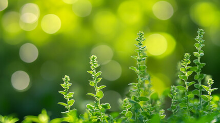 Obraz premium Vibrant Green Plants Nature Spring Fresh Growth Sunlight Bokeh Background Lush Greenery life flora 
