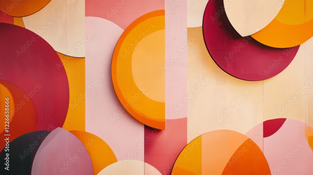 Poster detailed shot of an abstract background featuring bold geometric shapes and gradients in warm tones,