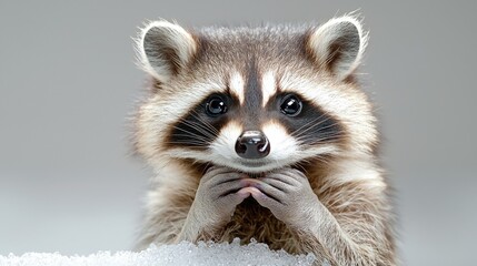 Obraz premium Cute raccoon posing in snow, studio shot, wildlife animal portrait, for children's books