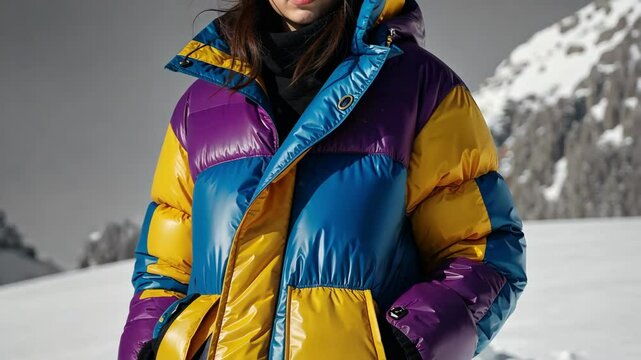 Fashionable woman in a colorful puffer jacket on snowy mountains