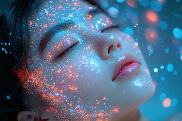 Portrait of a woman with glowing particles on her skin in a creative light setup during a nighttime photoshoot