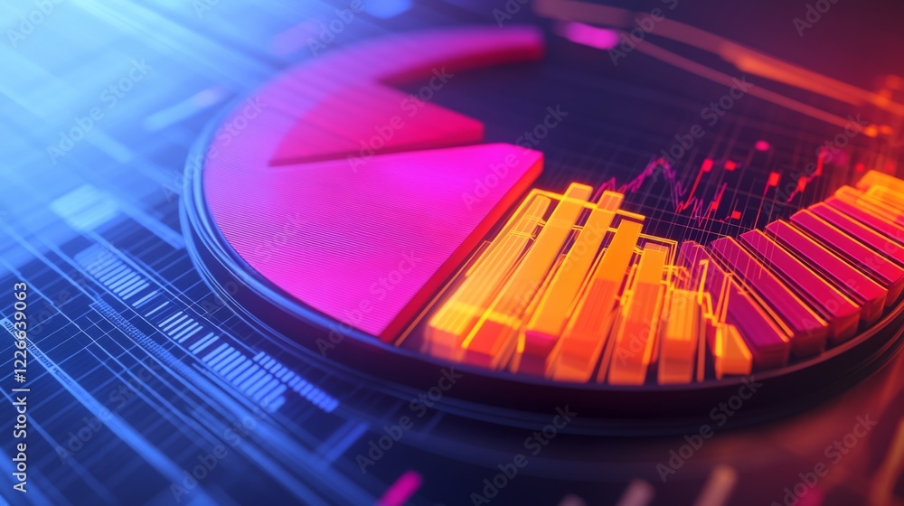 Poster detailed shot of a d pie chart with rotating segments, illustrating a dynamic data analysis with a f