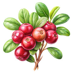 Watercolor illustration, botanical art, vibrant cranberries, bright red berries, green leaves, detailed fruit, realistic painting