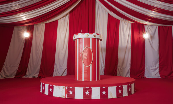 vibrant vintage circus stage with red and white drapes, featuring striped podium. atmosphere is festive and nostalgic, perfect for performances