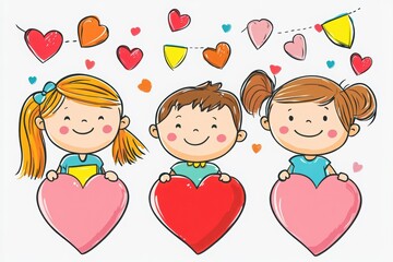 Three cheerful children hold colorful hearts with festive decorations in the background, celebrating love and friendship.