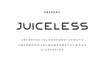 Modern serif alphabet design with uppercase, lowercase, numbers and symbol