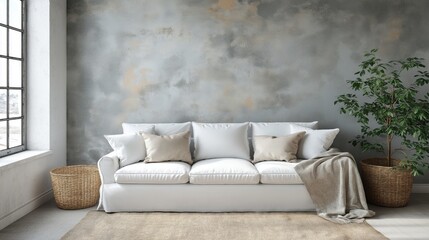 Single white sofa with pillows and blanket against blank wall with copy space. Minimalist home interior design of modern living room.