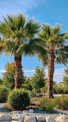Obraz premium Two palm trees stand tall against a clear blue sky surrounded by green plants and rocks