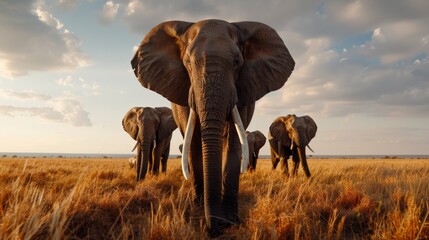 Fototapeta premium World Wildlife Day. Silhouettes of a family of elephants walking along a tranquil riverbank during a golden sunset.
