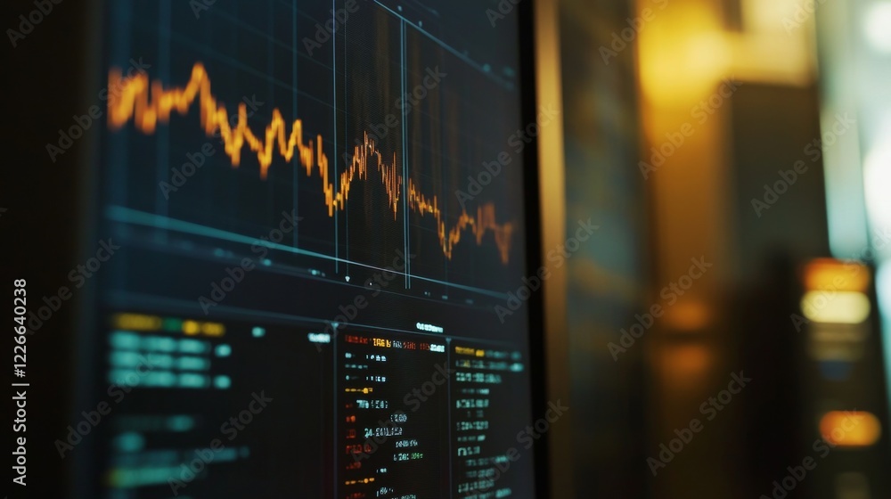 Poster detailed shot of a financial graph with fluctuating stock prices, highlighting various data points a