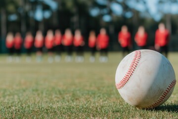 Softball fitness blends dynamic sports drills with strength-focused workouts. Baseball in focus with a team in red blurred in the background.
