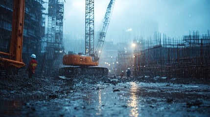 A construction site during a rainstorm, with workers navigating wet conditions, highlighting the challenges of outdoor work 