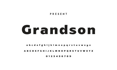 Modern serif alphabet design with uppercase, lowercase, numbers and symbol