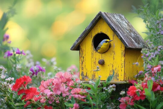 Tropical parula peeking out of yellow birdhouse in garden